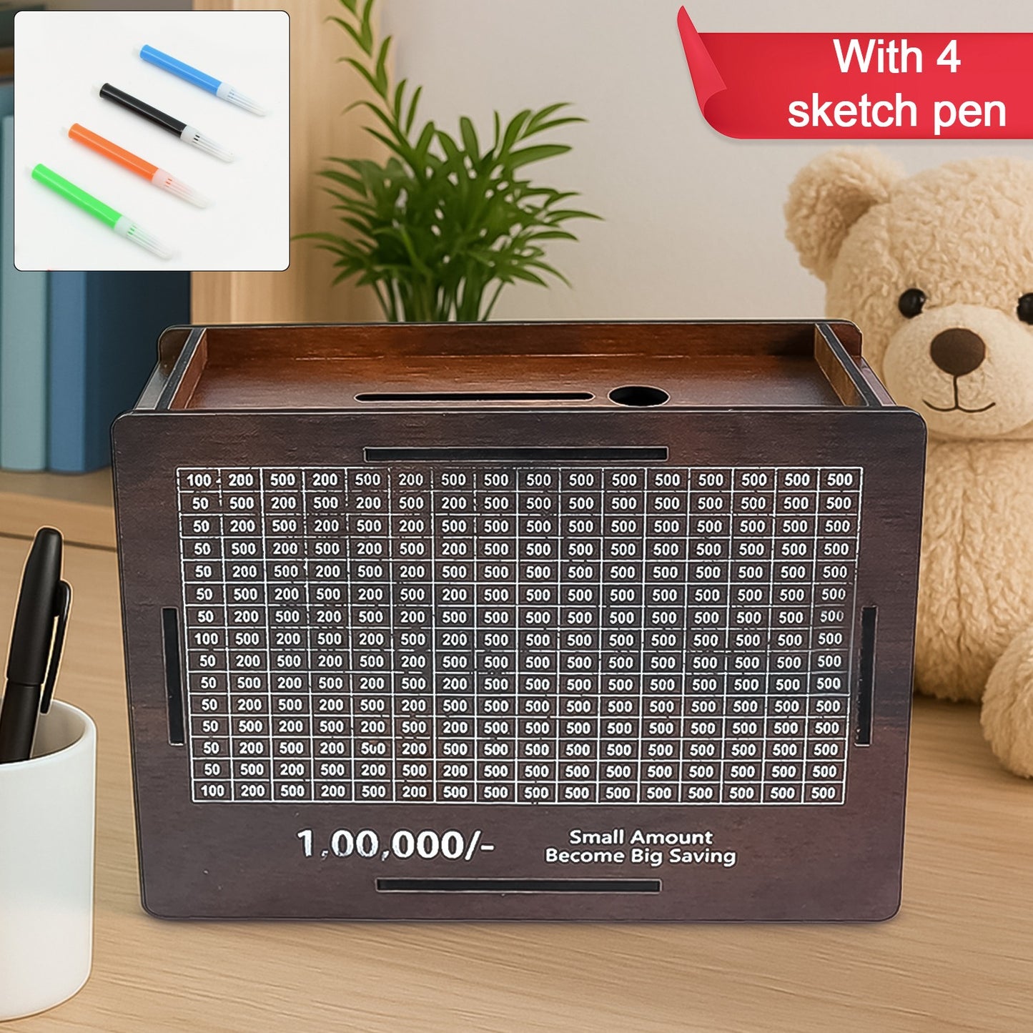 Wooden Money  Piggy Bank Money Box (1 Pc  4 Sketch Pen)